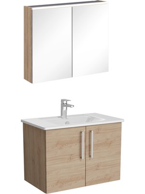 VitrA 72171 Root Flat Kapaklı Banyo Dolabı Seti, Lavabo Bataryası ve Ara Musluk Dahil, 80 cm, LED Aydınlatmalı, Doğal Meşe