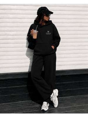 Macklin Unisex Kadın Erkek Movement Baskılı Oversize 3 Iplik Kapüşonlu Sweatshirt ve Baggy Eşofman Altı