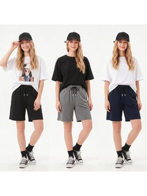 TKT Kadın 3'lü Paket Oversize Rahat Kalıp Penye Şort Yan Cepli