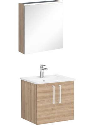 VitrA 72173 Root Flat Banyo Dolabı Seti, Lavabo Bataryası ve Ara Musluk Dahil, 60 cm, LED Aydınlatmalı, 2 Kapaklı, Doğal Meşe