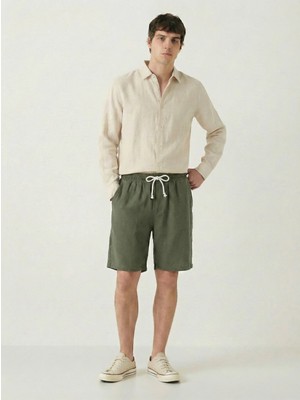 TKT Erkek Haki %100 Pamuk Keten Müslin Şort Arka Cepli Tam Kalıp