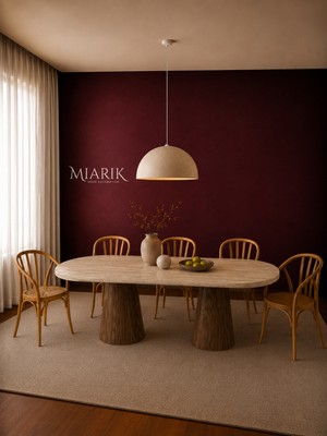 Miarik Design Martha - Ahşap Huni Ayaklı Traverten Mermer Yemek Masası