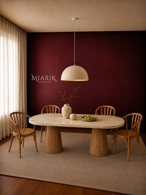 Miarik Design Yuvve- Ahşap Huni Ayaklı Traverten Mermer Yemek Masas