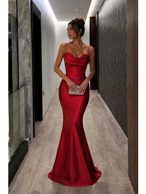 Alvenessa Kadın Saten Kumaş Kalp Yaka Askılı Abiye Elbise