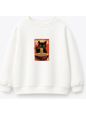 Monila Unisex Çocuk Beyaz Kedi Baskılı Pamuklu Sweatshirt