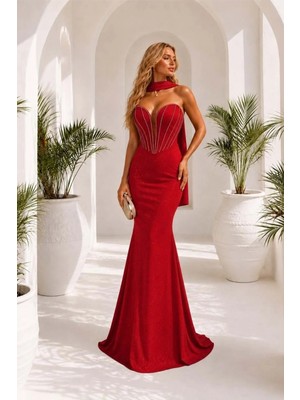 Alvenessa Kadın Simli Kumaş Asimetrik Yaka Dekolteli Maxi Abiye Elbise