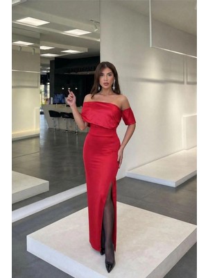 Alvenessa Kadın Kayık Yaka Yırtmaçlı Maxi Abiye Elbise