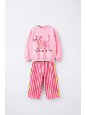 Magu Kız Çocuk Kedi Baskılı Pembe Sweatshirt ve Çizgili Bol Paça Eşofman Takımı