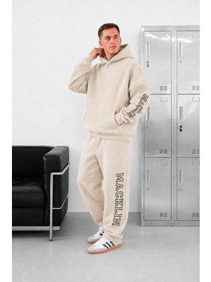 Unisex Kadın Erkek Macklin Yazı Kol ve Paça Baskılı Oversize 3 Iplik Kapüşonlu Sweatshirt ve Baggy Eşofman Altı
