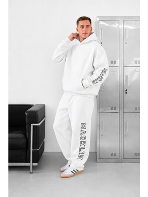 Unisex Kadın Erkek Macklin Yazı Kol ve Paça Baskılı Oversize 3 Iplik Kapüşonlu Sweatshirt ve Baggy Eşofman Altı
