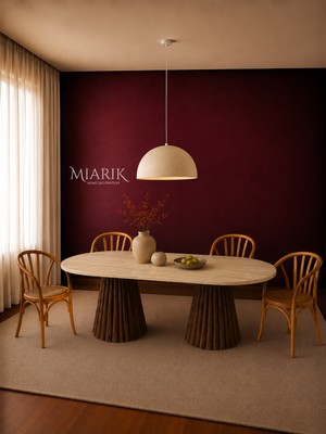 Miarik Design Richardo- Ahşap Huni Ayaklı Traverten Mermer Yemek Masası