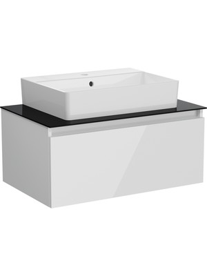 VitrA 80437, 80 cm Lavabo Dolabı, Çanak Lavabolu Cam Tezgahlı, Parlak Beyaz