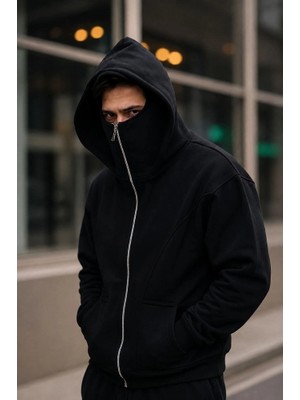 Zamerya Erkek Maskeli Ninja Model Çift Kapüşonlu 3 Iplik Şardonlu Fermuarlı Sweatshirt - Siyah