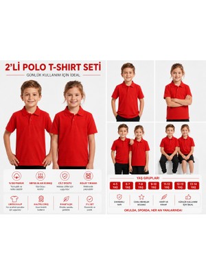Secret Touch 2'li Paket Çocuk Kız Erkek %100 Pamuk Kısa Kollu Polo Yaka Okul Tişörtü