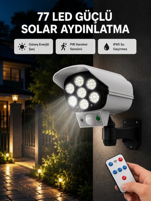 Yavuz Group 77 Led'li Güneş Enerjili Güvenlik Lambası ve Kukla Kamera – Hareket Sensörlü, 2400MAH Pilli