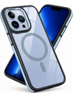 CoverZone  iPhone 13 Pro Max ile Uyumlu Prismguard Magsafe Şeffaf Kılıf, Parlak Cam Görünümlü Arka Yüzey, Manyetik Halkalı, Kamera Korumalı, Darbe Emici Telefon Kılıfı Mavi