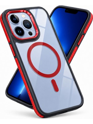 CoverZone  iPhone 12 Pro ile Uyumlu Prismguard Magsafe Şeffaf Kılıf, Parlak Cam Görünümlü Arka Yüzey, Manyetik Halkalı, Kamera Korumalı, Darbe Emici Telefon Kılıfı Kırmızı