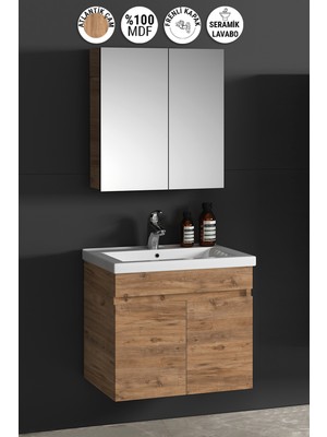 Özceden Çiğdem 55 cm Atlantik Çam Mdf Seramik Lavabolu Asma Banyo Dolabı Takımı