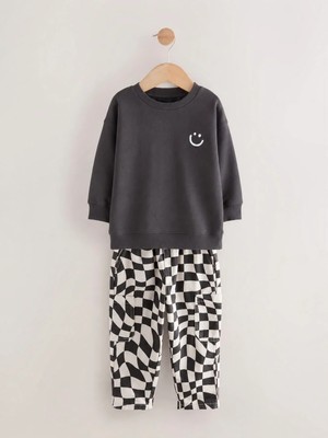 Magu Çocuk  Smiley Baskılı Antrasit Sweatshirt ve Dama Desenli Eşofman Takımı