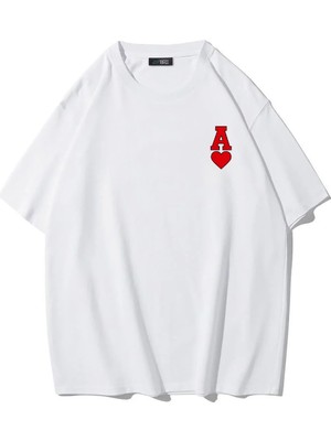 Brz Collection Unisex Oversize Minimal Kalp ve As T-Shirt Beyaz