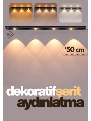 Edewatt 50CM Sensörlü Şarjlı LED Dekoratif Lamba Geçmeli 3 Farklı Renk Şerit LED