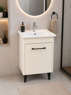 Akademik Mimarlık Lavabolu Banyo Dolabı High Gloss Kapak , Parlak Krem Renk