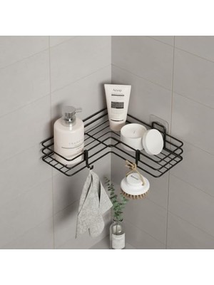 AKS Yapışkanlı Banyo Köşeliği Köşe Rafı Duş Şampuanlık Duvar Düzenleyici Organizer Raf Siyah Metal