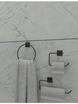 AKS Alper Banyo 3’lü Siyah Banyo Seti, Yapışkanlı ve Vidalı Montajlı Havluluk, Tuvalet Kağıtlığı, Yuvarlak Havluluk ve Kağıt Havluluk Seti