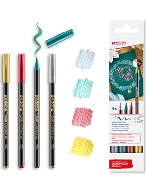 AKS Edding 1340 Metalik Fırça Uçlu Keçeli Kalem, 4 Parlak Renkli Set, Esnek Fırça Ucu