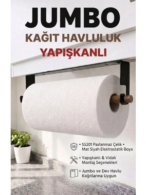 Ardini Kağıt Havluluk JUMBO Yapışkanlı Ve Vidalı Kancalı Ahşap Çubuk 1.2 Mm SS201 Paslanmaz Çelik Renk Mat Siyah