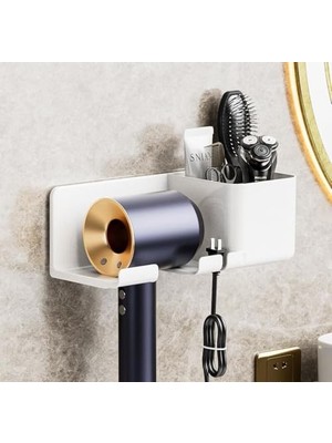 AKS Busstier Saç Kurutma Makinesi Tutucu Banyo Organizeri: Duvara Monte Edilebilir, Pratik Depolama Çözümü (Beyaz)
