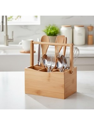 AKS Deconox Bambu Taşıma Kulplu Çok Amaçlı Düzenleyici - 6 Bölmeli Çatal Bıçaklık | Ofis, Banyo ve Masaüstü Caddy Organizer (21.6X14X12.7 Cm)