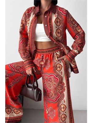 Neşeli Butik Kadın Kırmızı Etnik Desenli Tasarım Gömlek Pantolon Takım NBMS26120