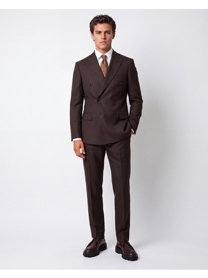 HC MEN CLASSIC Erkek Kahverengi Regular Fit Armürlü Polyamid Kruvaze Takım Elbise