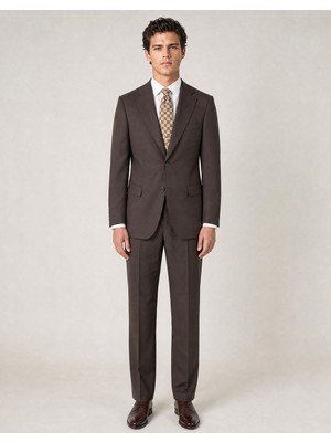 HC MEN CLASSIC Erkek Kahverengi Regular Fit Armürlü Polyamid Klasik Takım Elbise