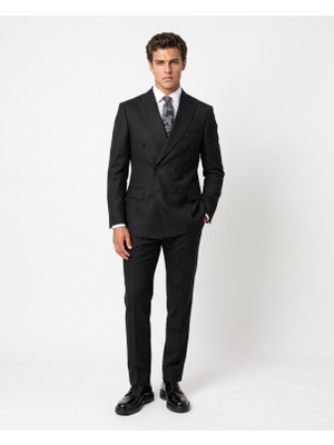 HC MEN CLASSIC Erkek Siyah Regular Fit Polyamid Armürlü Kruvaze Takım Elbise