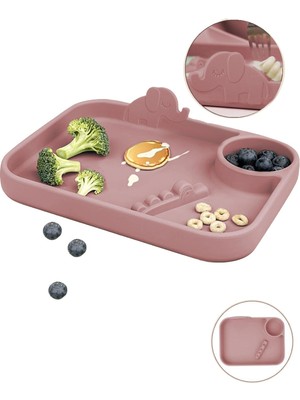 AKS Meleni Baby 2'li Silikon Beslenme Seti - 3 Bölmeli Silikon Beslenme Tabağı, Diş Kaşıyıcı Kaşık - Pembe