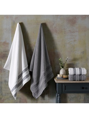 AKS Taç Velvet Pure Beyaz Antrasit Pamuk Hamam Seti, Beyaz, Antrasit, S-M/l-Xl