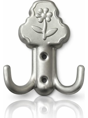 AKS Çiçek Desenli Çift Kancalı Askılık, Gümüş Rengi, Metal, Duvar Montajlı