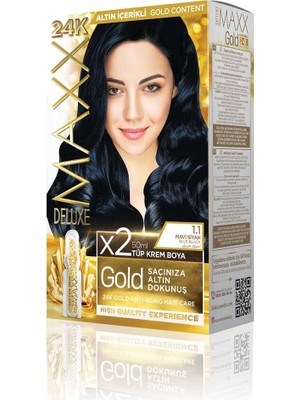 AKS Maxx Deluxe Gold Serisi 24K Altın Parçacıklı Serum ile 1 Kutu 2 x 50 ml ve Geliştiriciler Saç Boyası (Mavi Siyah 1.1)