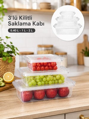 AKS Beylini 3'lü Kilitli Saklama Kabı Iç Dış Kullanım 0.40 | 1 | 2 Litre Yer Kaplamaz Dikdörtgen Erzak Meyve Yiyecek Salata Saklama Kutusu