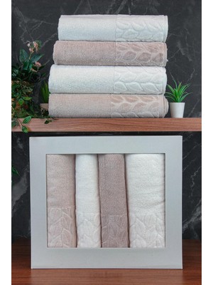 AKS HAZAL%100 Pamuklu Kutulu 4'lü Banyo Havlu Seti Hamam Takımı 50X90-90X150 Bej-Krem - 00081