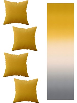 AKS Pelangi Sarı Gri Desen Salon Mutfak Masa Değişik Ranır Modelleri Dekoratif 4'lü Kırlent Kılıfı ve Runner Set, Gri-Sarı 40 x 140