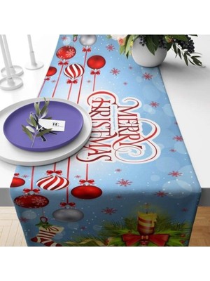 AKS Pelangi Merry Christmas Yılbaşı Tema Leke Tutmaz Kumaş Runner, Kırmızı-Mavi 40 x 140