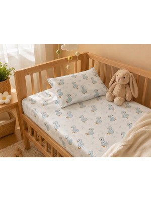 AKS MINORA%100 Pamuk Lastikli Bebek Çarşafı ve Yastık Kılıfı Seti 70X120 (Turkuaz Krem)