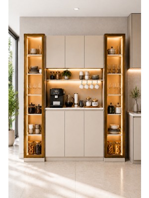 Avmpark Dolce Kahve Köşesi 208 cm 3 Kapaklı+2 Boy Dolaplı Temperli Camlı LED Işıklı Çok Amaçlı Dolap Kiler Dolabı Vizon 1C3K1C