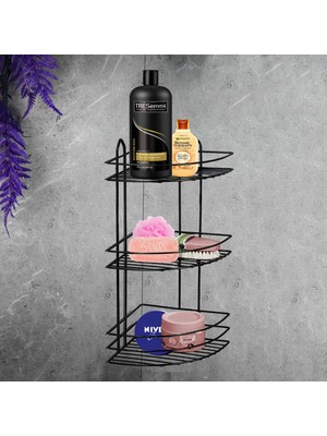 AKS BADEM10 Banyo Duş Rafı Şampuanlık Köşelik Oval Siyah 3 Katlı Malzemelik Organizer Düzenleyici Mutfak Eşya Rafı