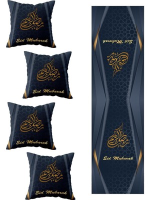 AKS Pelangi Ramazan Salon Mutfak Masa Değişik Ranır Modelleri Dekoratif 4'lü Kırlent Kılıfı ve Runner Seti, Gold 40 x 140