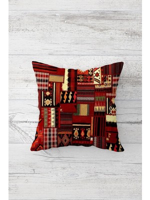 AKS Pelangi Etnik Kilim Motifli Patchwork Çift Taraflı Gizli Fermuarlı Yastık Kılıf Kırlent Koltuk Yastık Kılıfı, Bordo 45 x 45