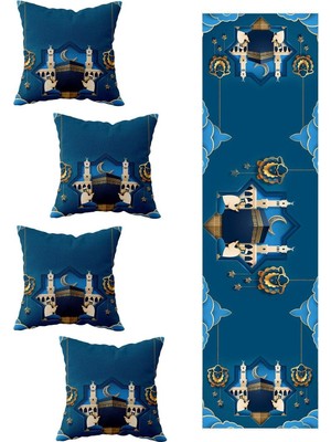 AKS Pelangi Ramazan Hilal Cami Masa Değişik Ranır Modelleri Dekoratif 4'lü Kırlent Kılıfı Runner Seti, Mavi 40 x 140